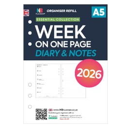 2026 A5 size week on one page diary & lined notes refill insert | compatible with Filofax A5 organisers | English | UK holidays | 148 x 210mm (2026 diary & notes)