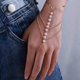 Wendalern Bracelet Hand Chain For Women Layered Pearl Finger Ring Bracelet Boho Slave Bracelet Hand Harness Chain Imitation Pearl Necklace Ring Bracelet Jewellery For Girls