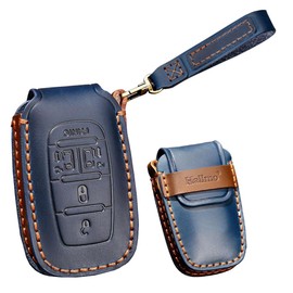 TECART Leather Smart Key Fob Case Shell Fit for Chrysler Pacifica Voyager Keychain Key Bag Car Accessories 5 Button Blue