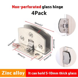 4-Pack No-Drill Glass Door Hinges for Cabinets, Showcases, Wine Cabinets - Heavy Duty Zinc Alloy, Fits 5-10mm Glass Thickness, Matte Finish, Rust-Proof (Large)