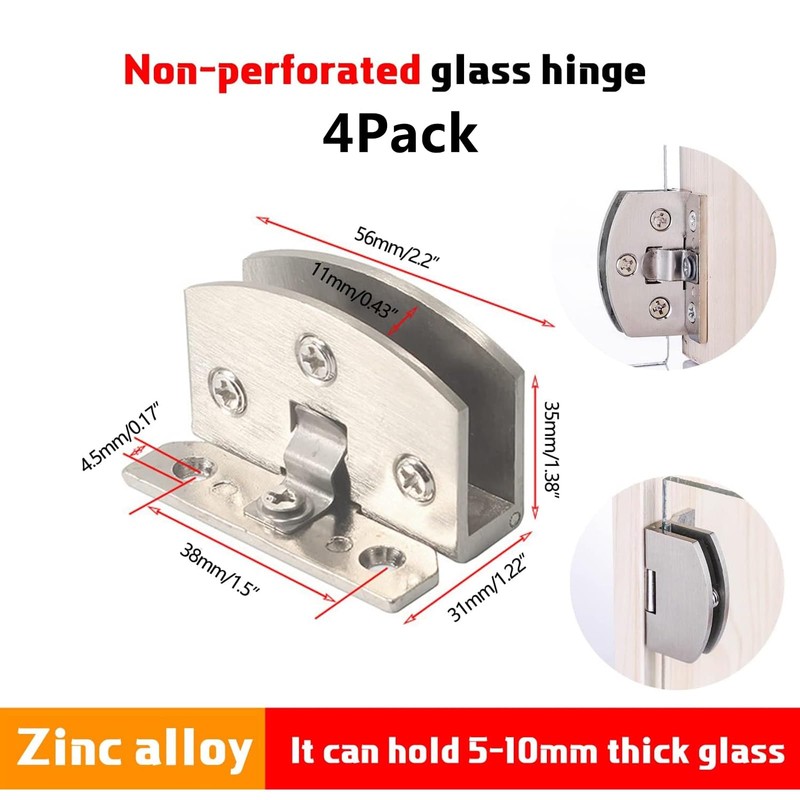 4-Pack No-Drill Glass Door Hinges for Cabinets, Showcases, Wine Cabinets