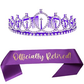 Officially Retired Sash and Tiara Purple Glitter Satin Sash and Crystal Crown Retirement Work Party Supplies Decorations Gifts for Women
