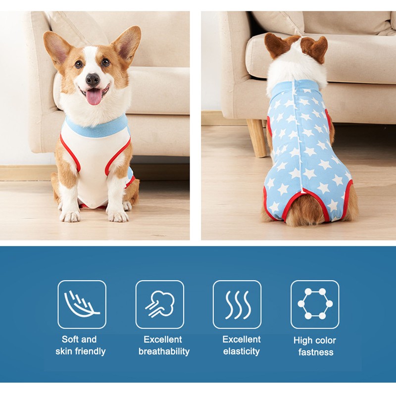 Dog Recovery Suit Blue Stars Pattern Prevents Licking Cotton Pet