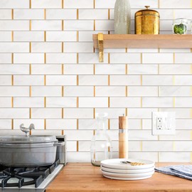 NBG-2 2x6 White and Gold Metal Stainless Steel Polished Marble Tile (1 Sheet)