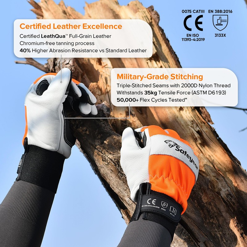 SAFEYEAR Chainsaw Gloves, L, White Cowhide & PVC Reinforced, EVA