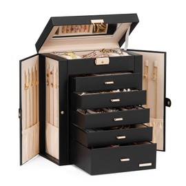 Homde Jewelry Box Large for Women: 6 Layers 5 Drawers Organizer with Mirror for Ring Earring Necklace - Storage Holder with Lock for Dresser (Black)