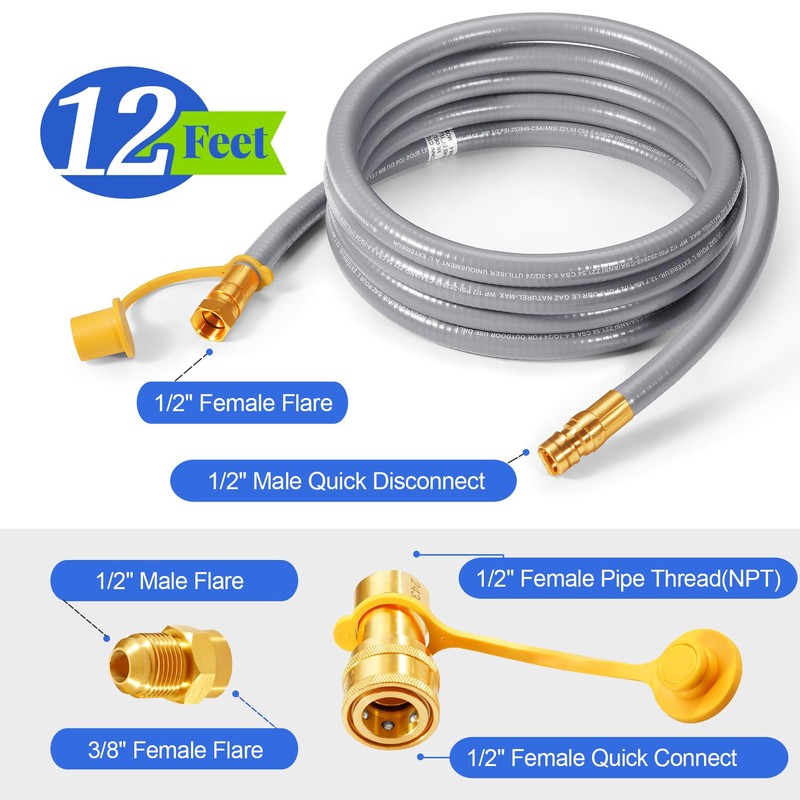 GasSaf 12 FT 1/2" ID Natural Gas Hose with Quick