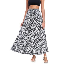 VOGMATE Long Women's Leopard Elegant A Line Skirts Elastic Waist Casual Skirt Maxi Skirt with Drawstring Plain Long Skirt, Black / Grey