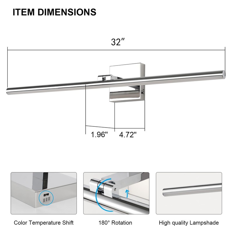 BrkNit 32 Inch LED Bathroom Vanity Light (3000K/4000K/6000K, Dimmable), Chrome