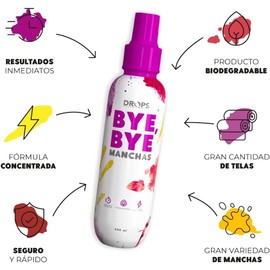 Drops Bye Bye Manchas. 250 ml Anti manchas. Quita manchas ropa. Lava alfombras y tapicería. Limpiador de sillones de tela. Quitamanchas axilas ropa desodorante y sudor. Biodegradable