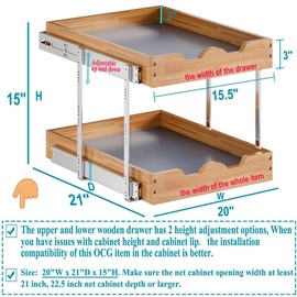 OCG 2 Tier Pull Out Cabinet Organizer (20"W x 21"D), Heavy-Duty Slide out Wood Drawer Shelf, Pull Out Drawer for Cabinets, Base Cabinet Organization for Kitchen, Pantry, Bathroom