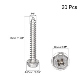 sourcing map Phillips Hex Washer Self Tapping Screws, M5 x 35mm 304 Stainless Steel Hex Flange Sheet Metal Screw 20pcs