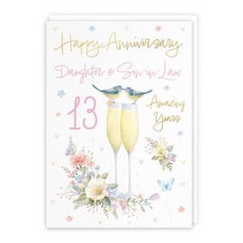 Hunts England - Daughter And Son-in-Law 13th Anniversary Card - A5 Size - Champagne Flutes - Gold Foil - Luxury 13th Anniversary Card For Daughter And Son-in-Law - Milo's Gallery