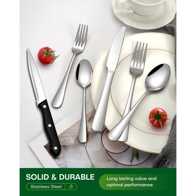 PHILIPALA Silverware Set, 48-Piece Flatware Set with Steak Knives for