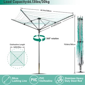 ISXACFF Umbrella Drying Rack Outdoor Umbrella Clothesline Rotary Retractable Clothes Line Adjustable Height 4 Arms Heavy Duty Clothesline Drying Rack 12 Lines with 165 Feet Clothes Line for Backyard