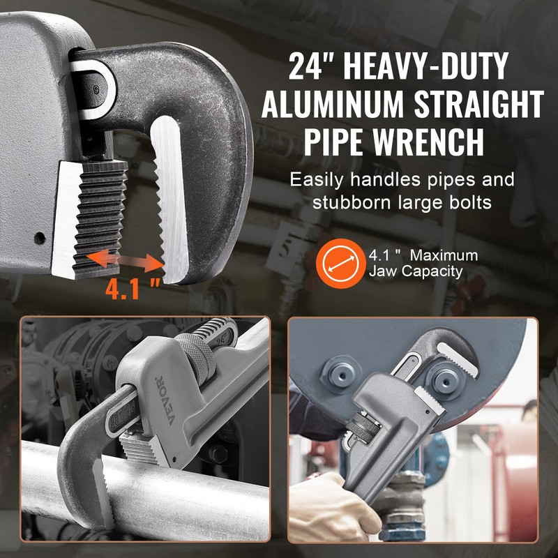 VEVOR Pipe Wrench, 24" Aluminum Straight Pipe Wrench, Adjustable Plumbing