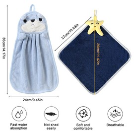 Set of 6 Cute Animals Towels for the Kitchen, Absorbent Soft Coral Velvet Towel with Hanging Bow, Microfibre Quick Drying Hanging Face Towel, Wash Cloth for Children