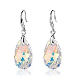 Austrian Crystal Teardrop Dangle Hook Earrings for Women 14K Gold Plated Hypoallergenic Jewelry (Aurora Borealis)
