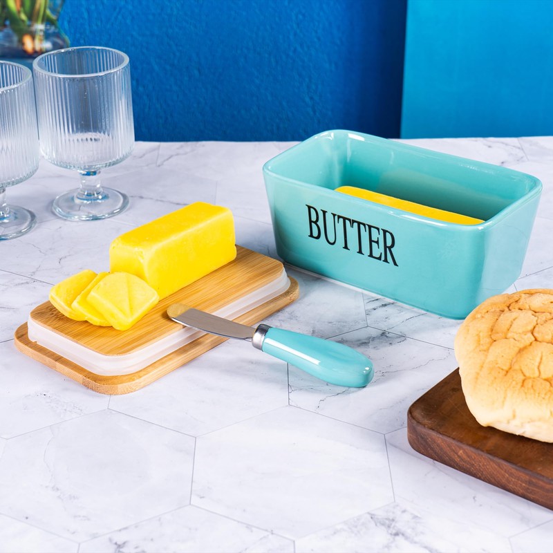 Blue Ceramic Butter Dish with Lid and Knife for Countertop,