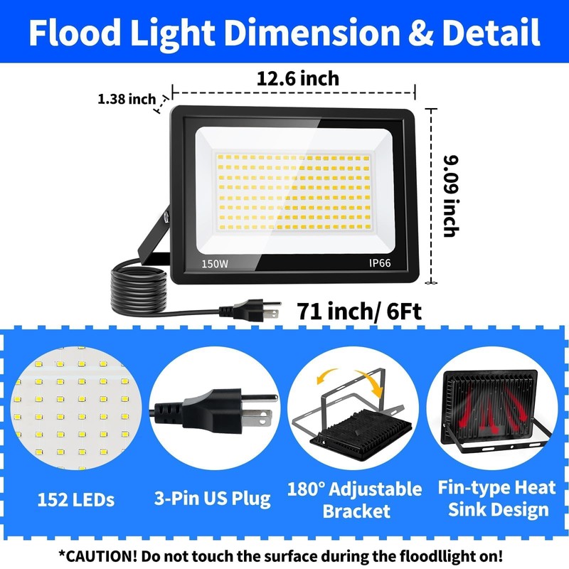 150W LED Outdoor Flood Lights with Plug, 18000lm Bright Work