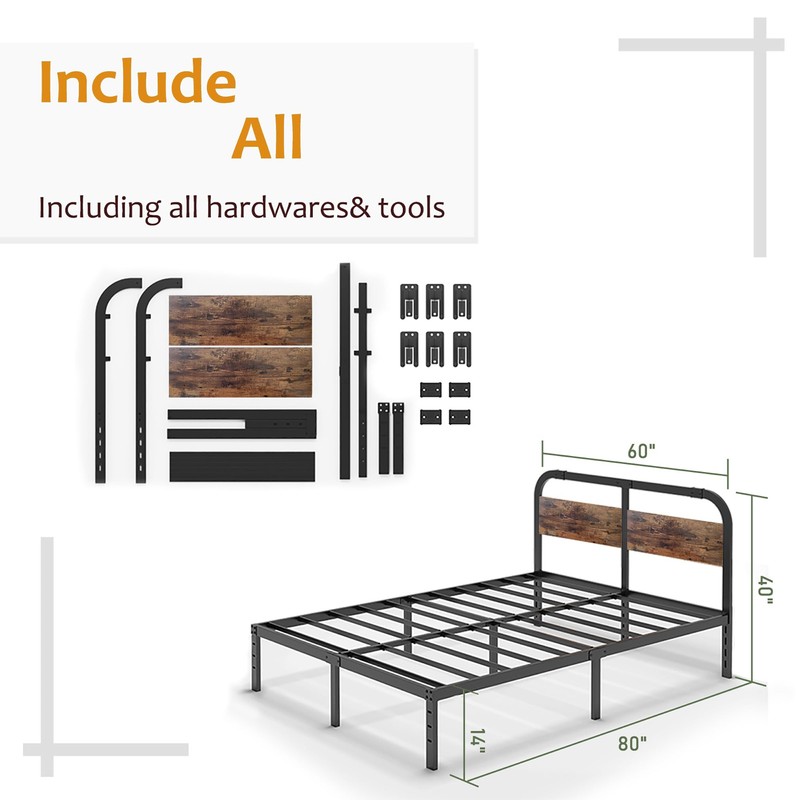 ZIYOO 14'' Queen Bed Frame with Headboard, Heavy Duty Platform