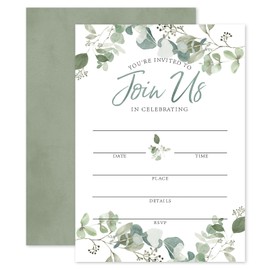 Whaline 25 Sets Greenery Invitation Cards with Envelopes Stickers Green Eucalyptus Leaves Invites for Spring Wedding Bridal Shower Birthday, 5 x 7 Inch