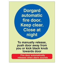 V Safety Photoluminescent Dorgard Automatic Fire Door - To Manually Release Push Door 150 x 200 mm - Glow In The Dark 1mm Rigid Plastic Safety Sign