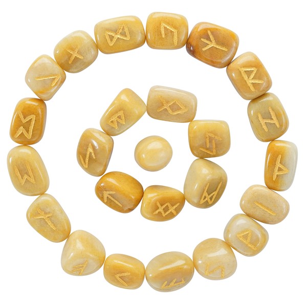 Crocon Yellow Aventurine Rune Stones Set Engraved with Elder futhark Crystal Runes Set, Reiki Healing runas for Meditation Chakra Balancing Rune Stone for Beginners with Crystal Guide & Pouch 15-20mm