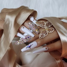 ZYBUXY 24pcs white press on bridal wedding nails Full Diamond long coffin fake nails Crystal diamond Ballet lady False nails