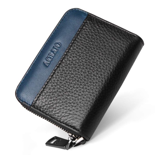 Men’s Small Coin Wallet, Coin Case, Card Case, Genuine Leather, YKK Zipper, Compact, black/blue