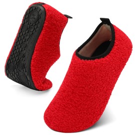 QFH Mens Womens Sock Shoes Teddy Fleece Closed Back Slippers Mens Comfortable Bedroom Shoes Women Home Slipper Pure Red 4-5 Women/3-4 Men