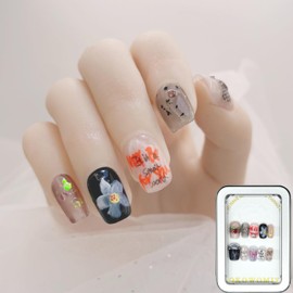 Kokowomite Nails Handmade Nail Tips, Short, Squoval, Black, Red, Flowers, Bowknots, Hand-Drawn, AB Model, Fashionable, Korean ins Style, Short Nails, Popular 3D Design, Storage Box Included, Pack of