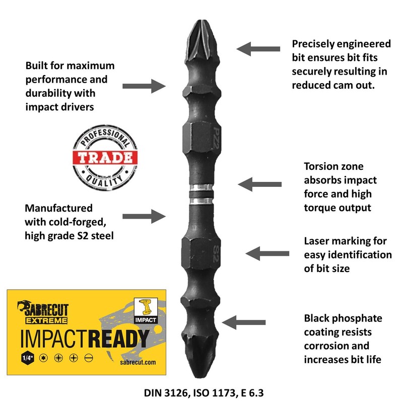 10 x SabreCut SCPZ265_10 65mm PZ2 Impact Screwdriver Driver Bit