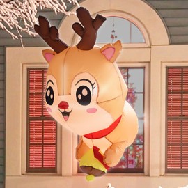 DearSun - Pequeño ciervo inflable de Navidad de 90 cm con luces LED incorporadas que salen de la ventana, inflable de Navidad, decoración interior al aire libre, linda decoración de patio de fiesta (cervatillo que se sale por la ventana)