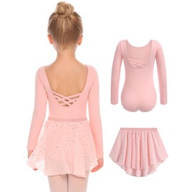 Arshiner Ballet Clothing Girls Backless Cotton Ballet Dress Ballet Jersey Long Sleeve Dance Dress Dance Body with Irregular Chiffon Skirt Tutu 2-10 Years, pink