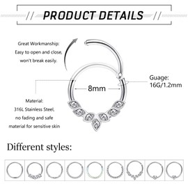 YADOCA 9Pcs 16G Septum Rings Surgical Steel Hoop Nose Rings for Women Men Clicker Cartilage Earrings Septum Jewelry