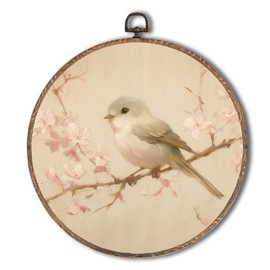 Tzhim Vintage Pink Floral Sparrow Bird Round Wall Art, Retro Rustic Sparrow Floral Round Wall Decor Framed, Farmhouse Bird Canvas Walls Sculptures for Home Bedroom Living Room Decor, 10x10 Inch