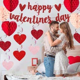 Valentines Day Party Decoration Kit Happy Valentine's Day Banner Red Pink Heart Honeycombs Heart Hanging Swirls Decor Heart Decorations Valentines Day Garland Valentine Party Supplies