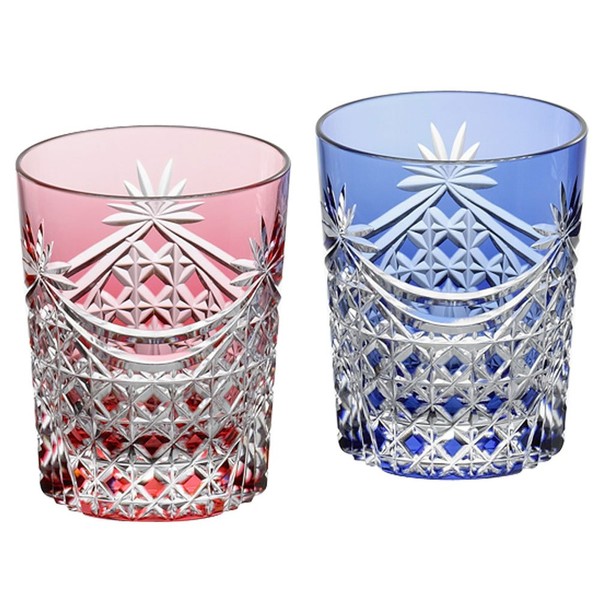 Kagami Crystal TPS370-2835AB Pair Rock Glasses, Red and Blue, 8.5 fl oz (240 cc), Edo Kiriko, Square Basket Crest on Curtain Folds