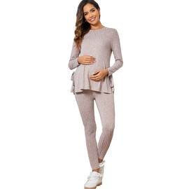OYOANGLE Women's Maternity Rib Knit Round Neck Knot Side Tee Tops and Leggings Pants Sets Brown Solid X-Large