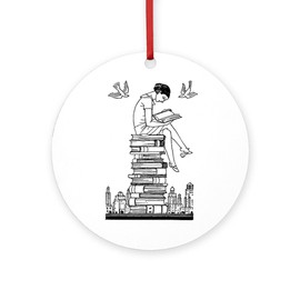 CafePress Reading Girl ATOP Books Round 4" MDF Holiday Ornament