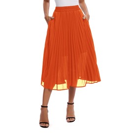 Urban CoCo Women's A Line Elastic Wasit Chiffon Midi Skirt Flare Pleated Skirts with Pockets (Orange, XL)