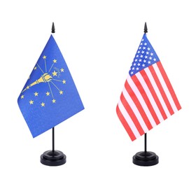 JBSJBS USA Indiana Desk Flag 12" Solid Pole Deluxe Set US Indiana Flags Banner Mini Small American State Office Table Flags with Black Stand Base Desktop Decorations(2Pack)