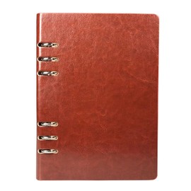 Light brown, A5 size (17 x 23 cm/6.6 x 9 inches), leather ring binder, refillable, stainless steel, cut-out notepad, 100 pages, waterproof, easy-open switch
