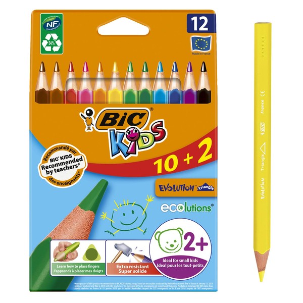 BIC Kids Evolution Triangle ECOlutions Colouring Pencils - Assorted Colours, Wallet of 10+2