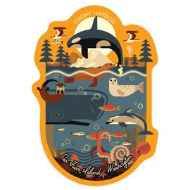Die Cut Sticker Friday Harbor, Washington, San Juan Island, Geometric, Marine Animals, Vinyl Sticker, (Waterproof Decal for Cars, Water Bottles, Laptops, Coolers), Large