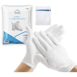 Home Solutions™ | 8 Pairs | 100% White Cotton Gloves for Eczema with Wash Bag, Moisturizing Gloves for Dry Hands, Cotton Gloves for Sleeping, Spa Gloves, Lotion Gloves Overnight for Women & Men