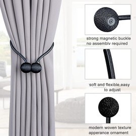 TopHomer Magnetic Curtain Tiebacks Curtain Clips Rope Back Curtain Holder Buckles Curtain Binder Curtain Holder for Home Decoration Pack of 2 Black