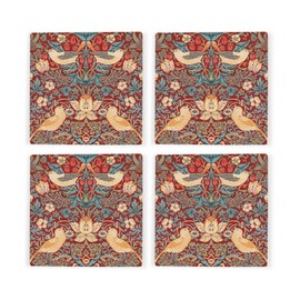 Red Strawberry Thief Ceramic Coaster Set - William Morris Artwork Gifts - Square Set of Four (4) Coasters