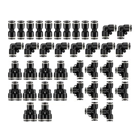 HUAZIZ Pack of 40 Pneumatic Push to Connect Fittings, Black Pneumatic Fittings Kit, 10 Pieces Spliter + 10 Pieces Elbows + 10 Pieces Tea + 10 Pieces Straight (OD 6 mm)